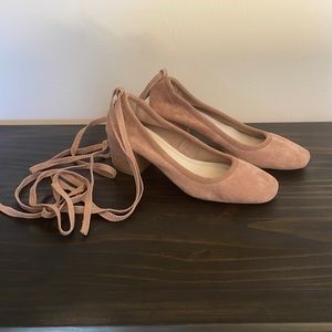 Faux Suede Slipper Heels with Ankle Tie Detail